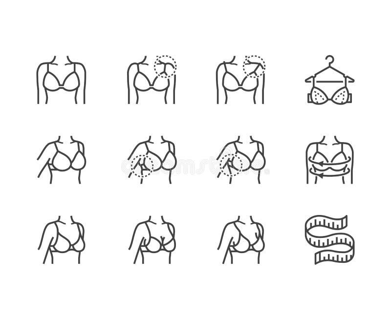 Linea piana insieme della biancheria delle icone Reggiseno che si adatta, misura del seno con nastro adesivo di misurazione, ente illustrazione di stock Linea piana insieme della biancheria delle icone Reggiseno che si adatta, misura del seno con nastro adesivo di misurazione, ente illustrazione di stock