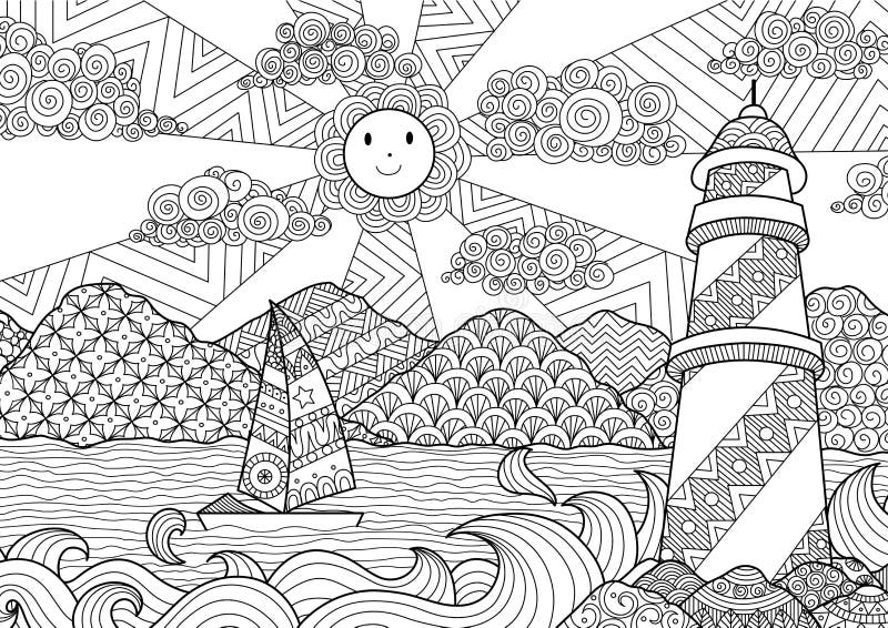 Linea progettazione per il libro da colorare per l'adulto, anti coloritura di sforzo - azione di vista sul mare di arte Linea progettazione per il libro da colorare per l'adulto, anti coloritura di sforzo - azione di vista sul mare di arte