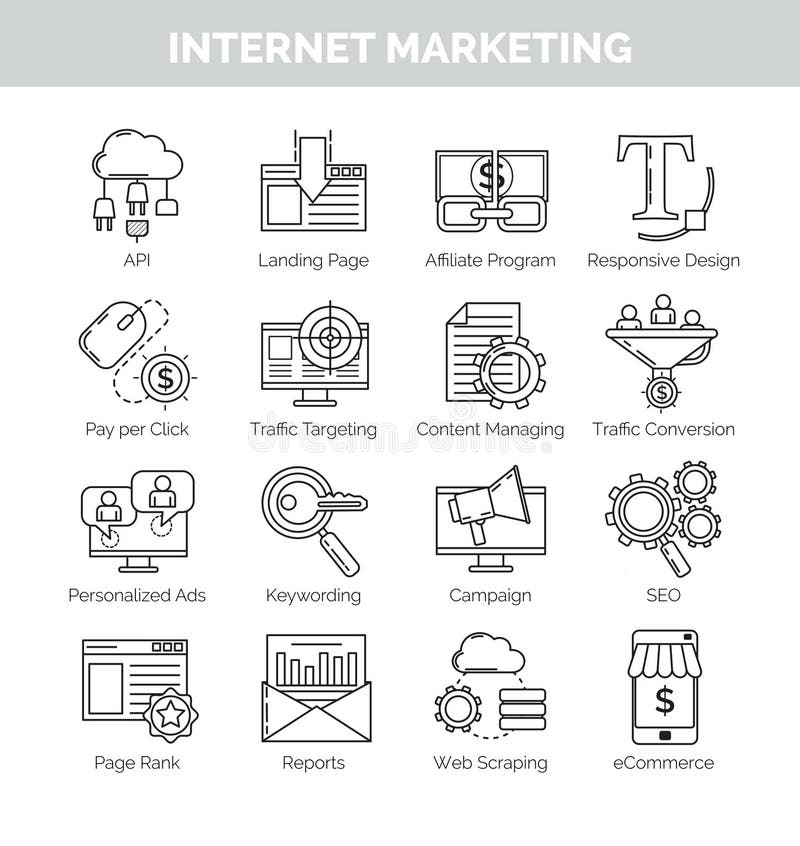 Linea sottile icone per l'introduzione sul mercato e il seo di Internet illustrazione di stock Linea sottile icone per l'introduzione sul mercato e il seo di Internet illustrazione di stock