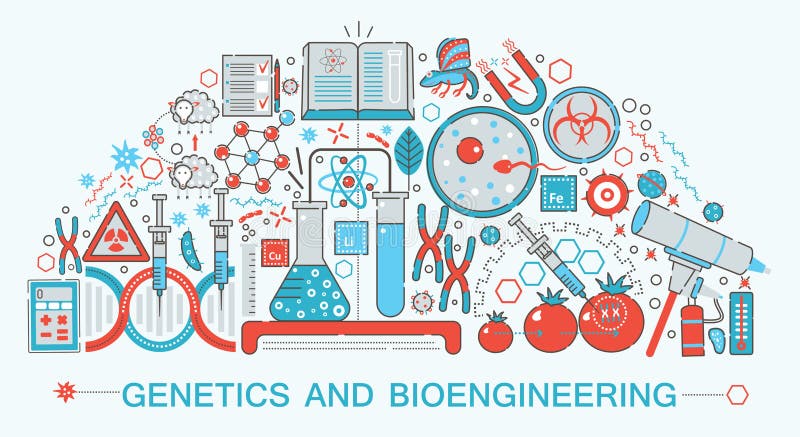 Linea sottile piana moderna biologia di progettazione, la genetica e tecnologia di bioingegneria illustrazione vettoriale
