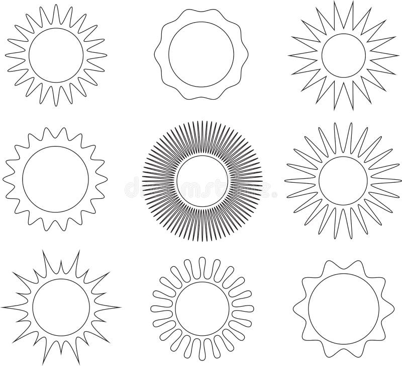 Linea sottile simboli del sole di stile illustrazione vettoriale Linea sottile simboli del sole di stile illustrazione vettoriale