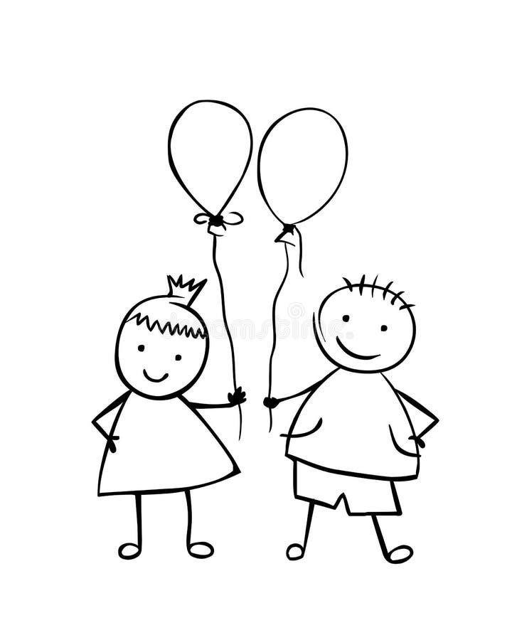 Lineair jongen en meisje met ballons Kleine mensen stock illustratie Lineair jongen en meisje met ballons Kleine mensen stock illustratie