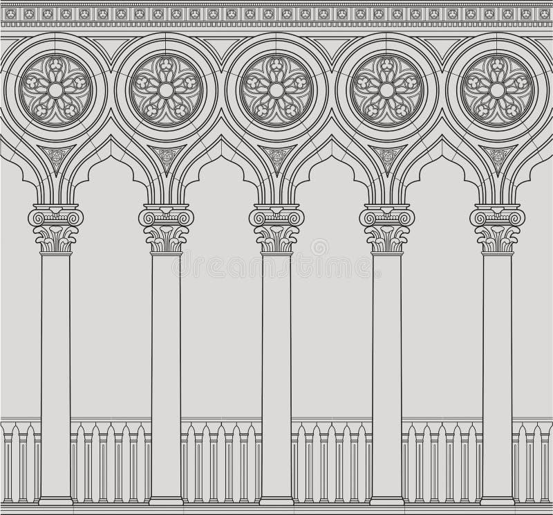 Linear vector illustration of the Venetian colonnade. Antique order and gothic. Linear vector illustration of the Venetian colonnade. Antique order and gothic