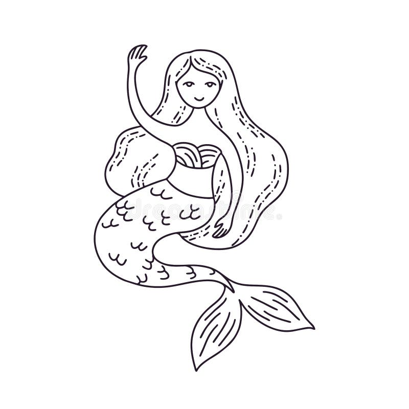 Linear Drawing of a Mermaid. Mystical Vector Illustration for Halloween ...