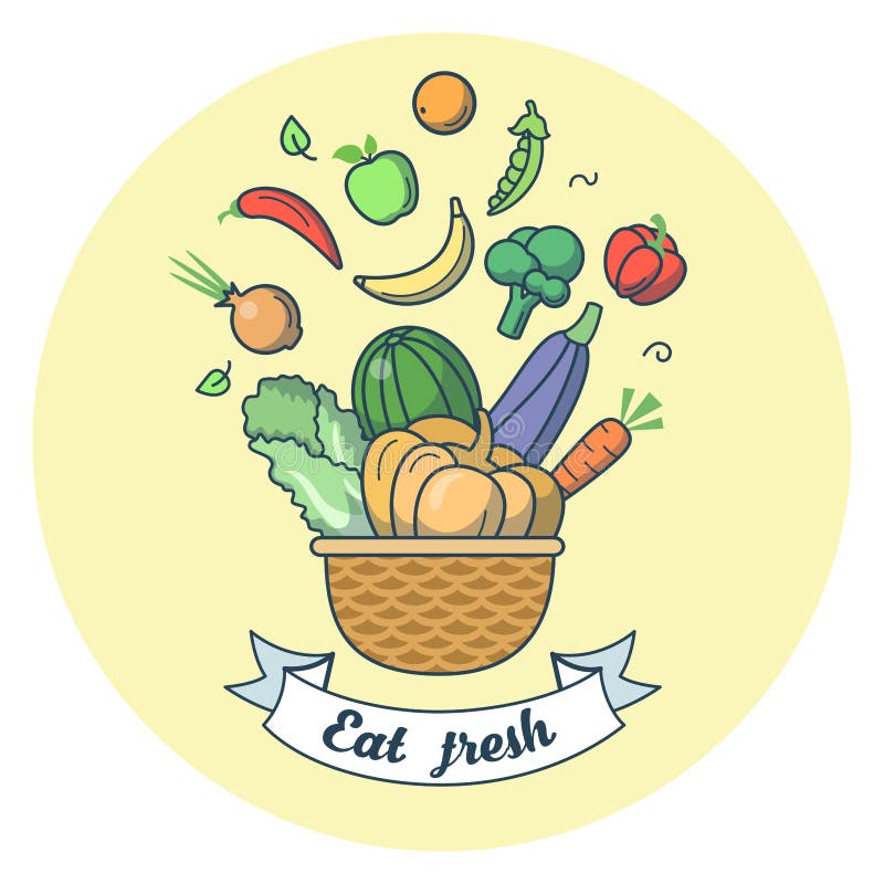 Linear Flat Basket with fruits vegetables i royalty free illustration Linear Flat Basket with fruits vegetables i royalty free illustration