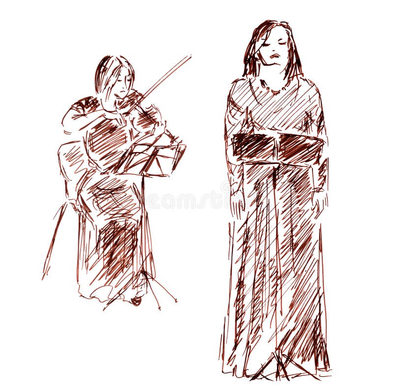 Linear graphic drawing of a classical singer and violinist vector illustration