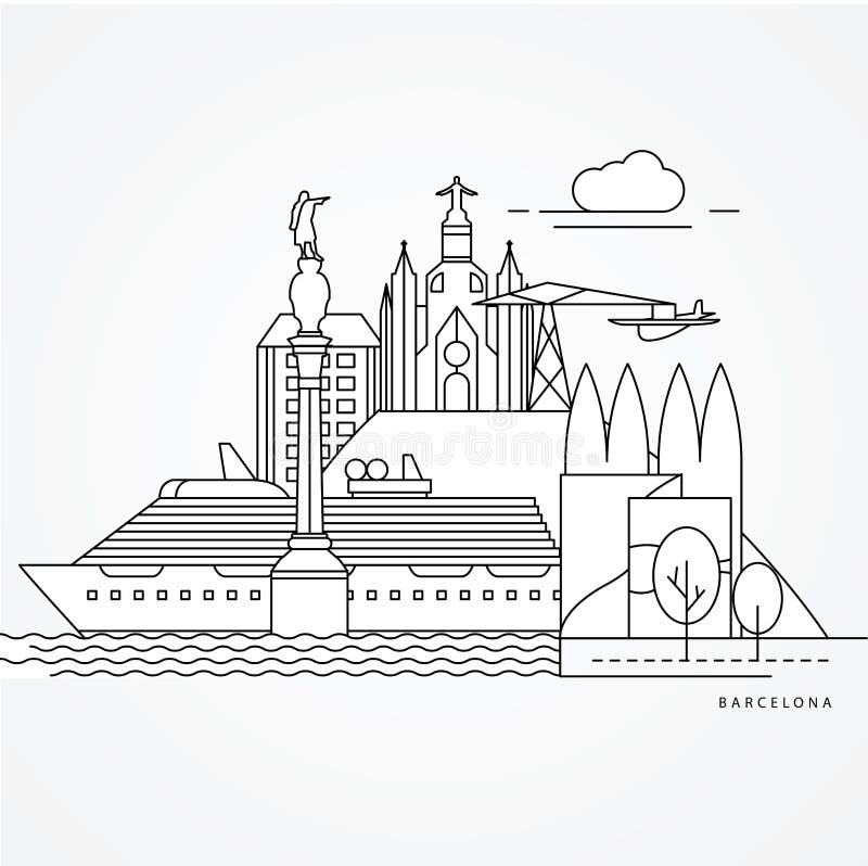Linear illustration of Barcelona, Spain. Flat one line style stock illustration Linear illustration of Barcelona, Spain. Flat one line style stock illustration