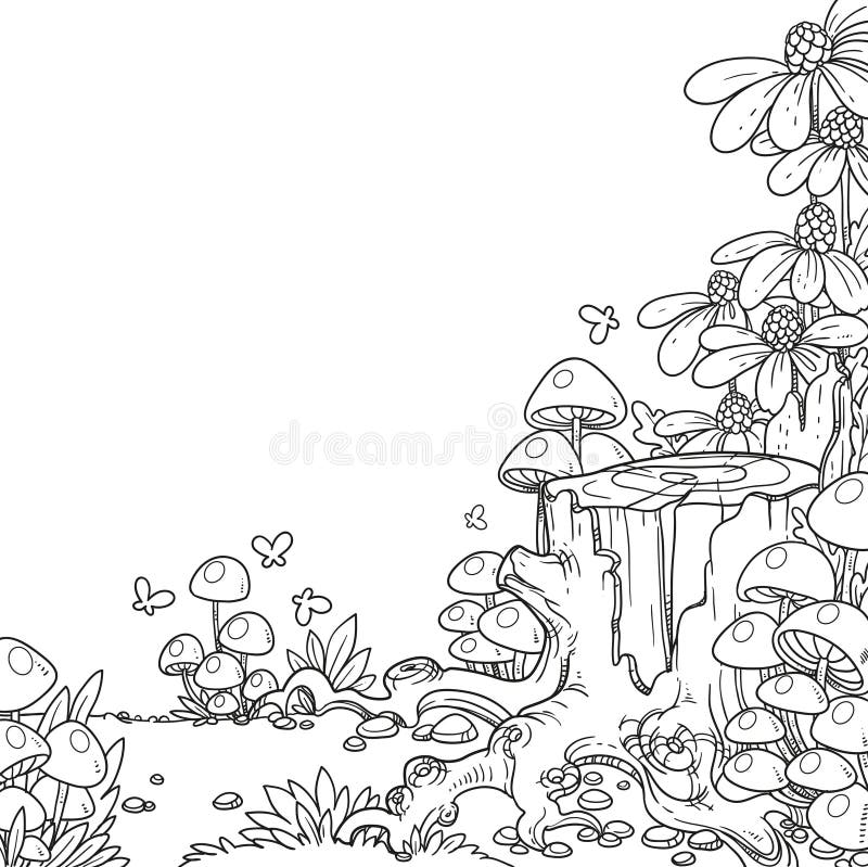 Linear illustration of old stump covered with mushrooms and flowers isolated on white background. Old tree stump sketch illustrations
