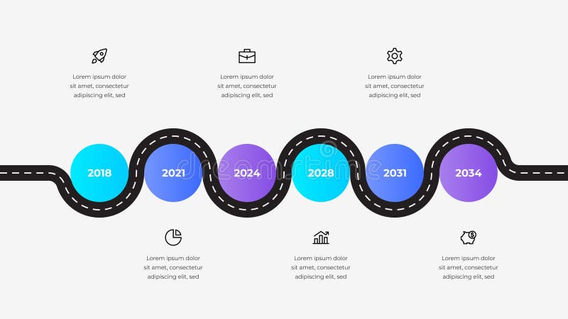Linear infographic timeline design featuring a wavy road, milestones, and a colorful, professional theme. Ideal for presentations, business plans, and project visualizations. Wavy timeline vectors