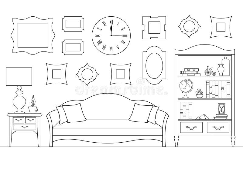 Linear interior with a sofa, a bookcase. Vector illustration in outline style. Living room