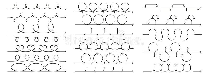 Linear roadmap arrows. Line art timeline chart, looped arrow for process sprints, step by step guide or instruction stock illustration