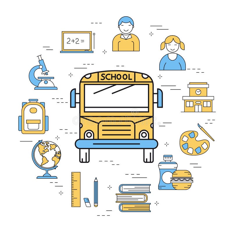 Vector linear round concept of school bus for transportation. Isolated illustration with outline icons in blue and yellow colors. Front of bus, school building, globe, sandwich and school supplies. Vector linear round concept of school bus for transportation. Isolated illustration with outline icons in blue and yellow colors. Front of bus, school building, globe, sandwich and school supplies