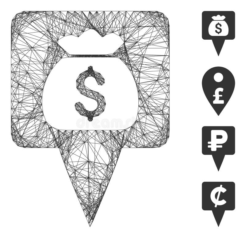 Linear Treasure Map Pointer Vector Mesh. Vector wire frame treasure map pointer. Geometric wire frame 2D network made from treasure map pointer icon, designed from intersected lines. Some bonus icons are added