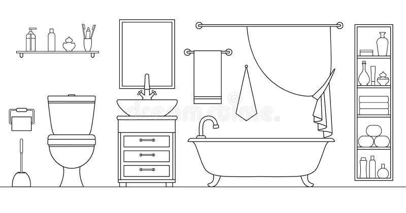 Vector interior in a linear style. Illustration of a bathroom.