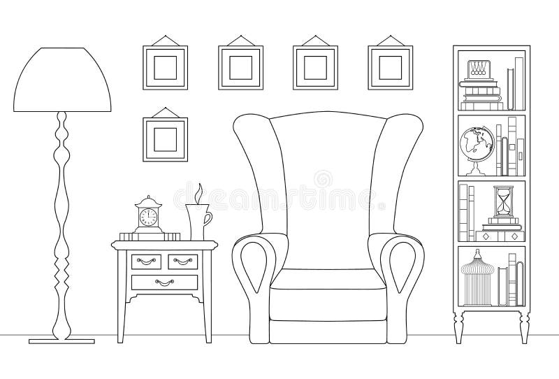 Linear vector interior. Plan of the room. Side view.