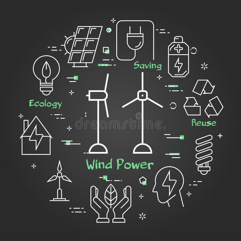 Lineare Fahne des Vektorschwarzen von Windkraftanlagen lizenzfreie abbildung Lineare Fahne des Vektorschwarzen von Windkraftanlagen lizenzfreie abbildung