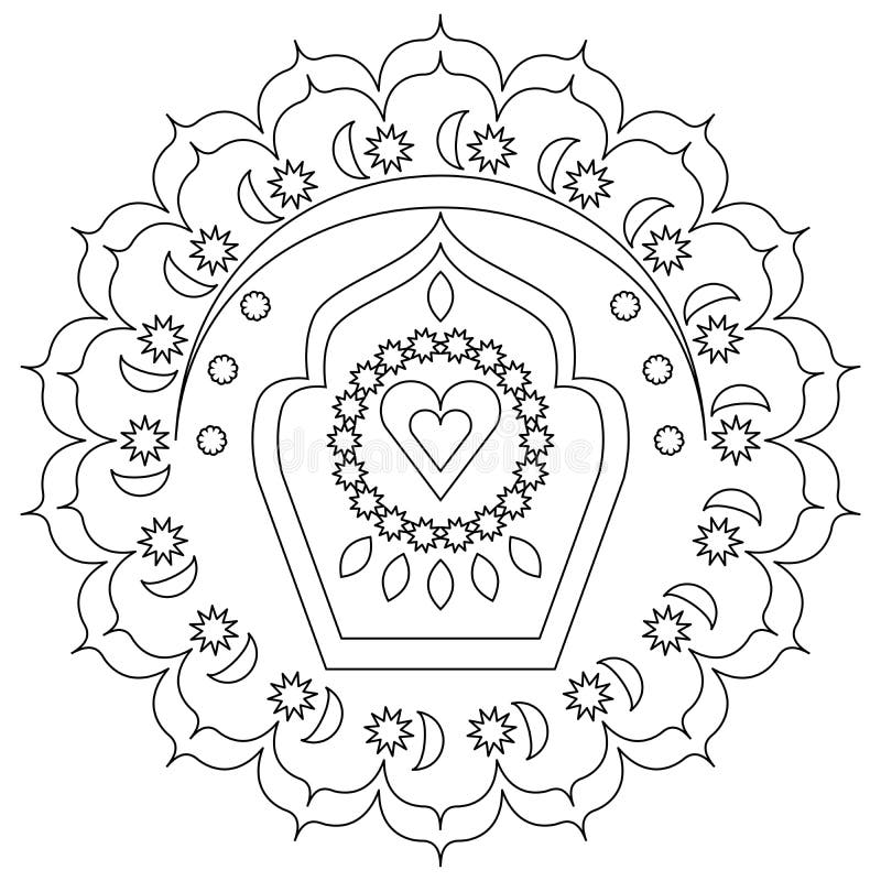 Black and white lienar mandala for coloring with suns, moons, hearts and lotuses. Black and white lienar mandala for coloring with suns, moons, hearts and lotuses.