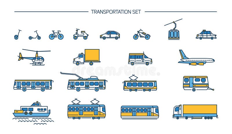 Collection with bike, bus, trolley, subway, train, car, airplane, scooter, funicular, tram, plane, boat Lineart icon set with ground transport aviation and water transportation on white background. Collection with bike, bus, trolley, subway, train, car, airplane, scooter, funicular, tram, plane, boat Lineart icon set with ground transport aviation and water transportation on white background