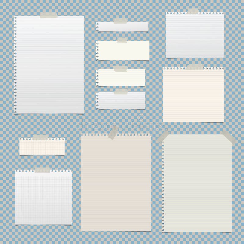 Lined, striped, notebook, notepad paper sheets for note or message stuck with sticky tape on squared background. vector illustration Lined, striped, notebook, notepad paper sheets for note or message stuck with sticky tape on squared background. vector illustration