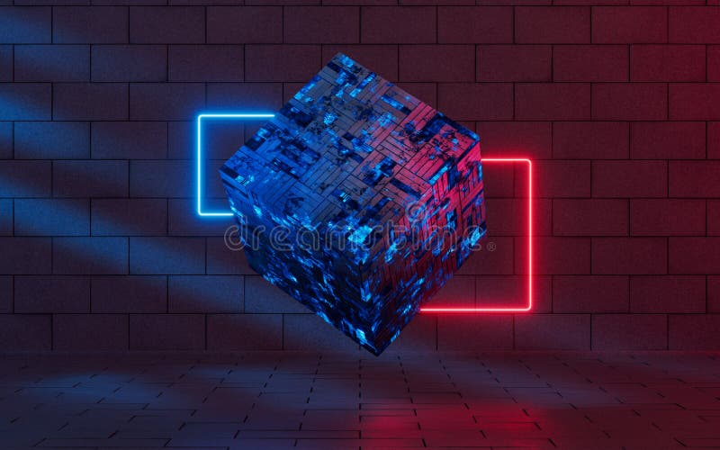 Linee di neon luminose con rendering di materiale cubico 3d illustrazione di stock