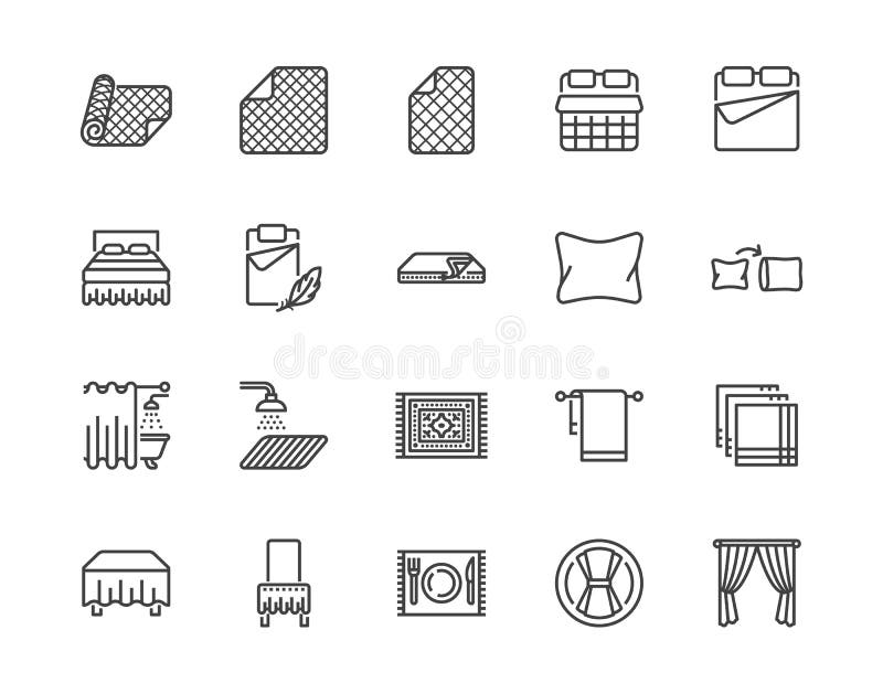 Linen flat line icons set. Bedroom textile blanket, bed mattress cover, pillow, pillowcase, handkerchief, towel vector