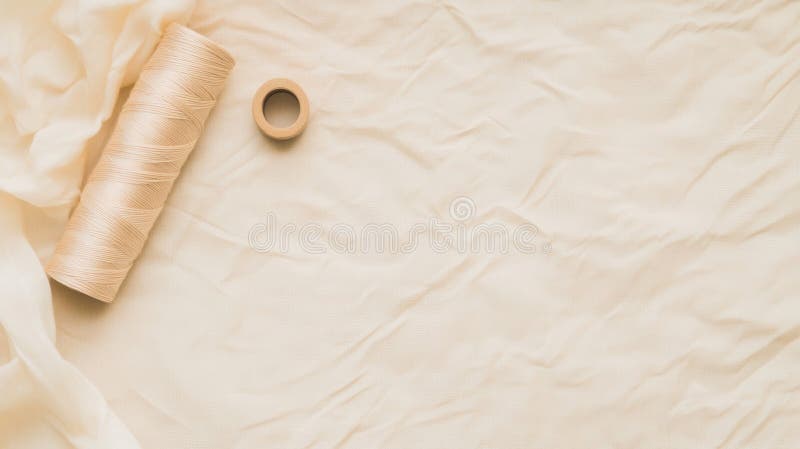 Linen spool on crumpled cream fabric, soft folds create tactile backdrop with small tape roll and bobbin, leftaligned stock photo