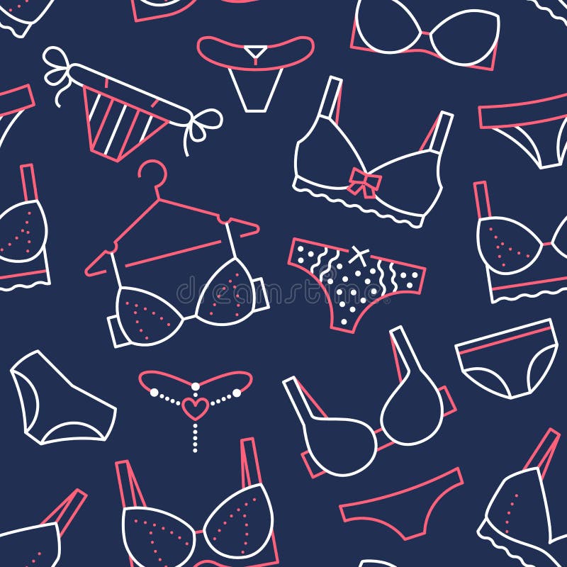 Lingerie άνευ ραφής σχέδιο με τα επίπεδα εικονίδια γραμμών των τύπων στηθοδέσμων, κιλότες Υπόβαθρο εσώρουχων γυναικών, διανυσματι απεικόνιση αποθεμάτων Lingerie άνευ ραφής σχέδιο με τα επίπεδα εικονίδια γραμμών των τύπων στηθοδέσμων, κιλότες Υπόβαθρο εσώρουχων γυναικών, διανυσματι απεικόνιση αποθεμάτων