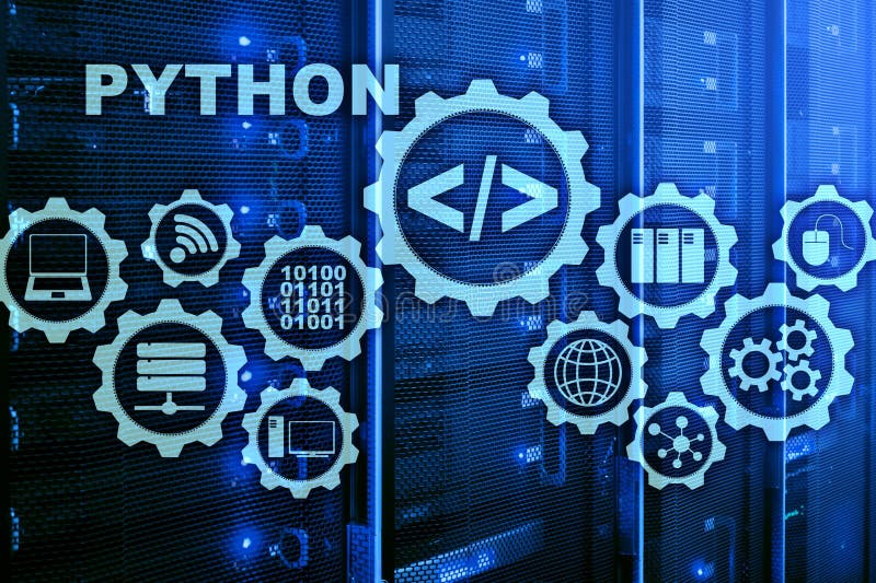 Linguaggio di programmazione del pitone sul fondo della stanza del server Concetto di programmazione di algoritmo dell'estratto d fotografia stock libera da diritti
