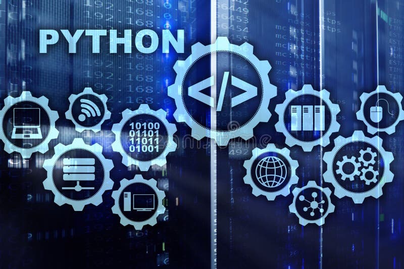 Linguaggio di programmazione di piton sullo sfondo della sala server. programmazione del concetto di algoritmo astratto del flusso fotografie stock