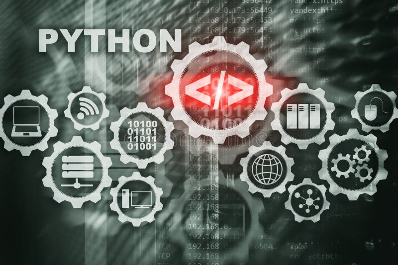 Linguaggio di programmazione di piton sullo sfondo della sala server. programmazione del concetto di algoritmo astratto del flusso fotografie stock