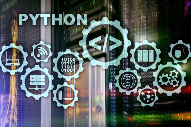 Linguaggio di programmazione di piton sullo sfondo della sala server. programmazione del concetto di algoritmo astratto del flusso fotografia stock