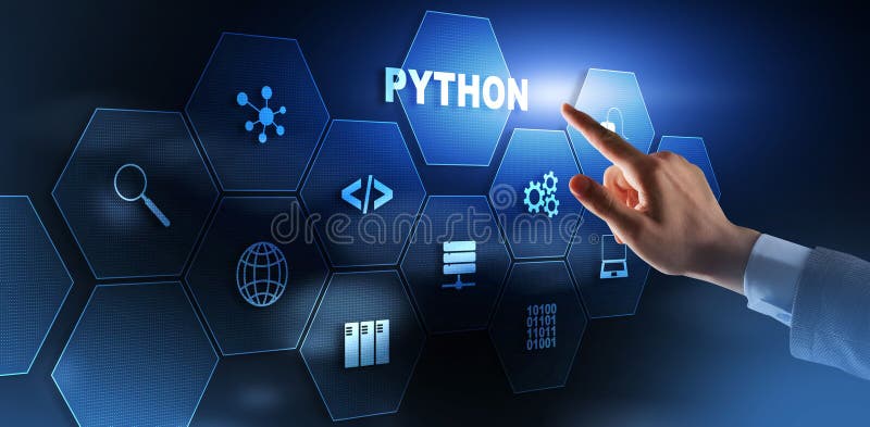 Linguaggio di programmazione di pitone. programmazione del concetto di algoritmo astratto del flusso di lavoro sullo schermo virtu immagine stock libera da diritti