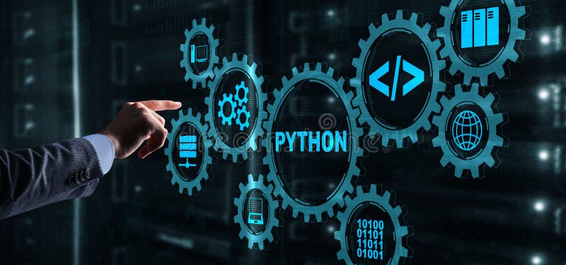 Linguaggio di programmazione di pitone. programmazione del concetto di algoritmo astratto del flusso di lavoro sullo schermo virtu immagine stock libera da diritti