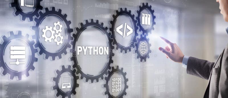 Linguaggio di programmazione di pitone. programmazione del concetto di algoritmo astratto del flusso di lavoro sullo schermo virtu immagini stock