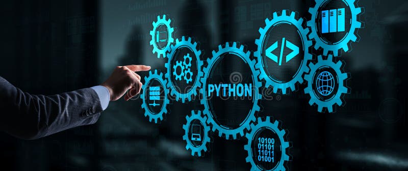 Linguaggio di programmazione di pitone. programmazione del concetto di algoritmo astratto del flusso di lavoro sullo schermo virtu immagine stock