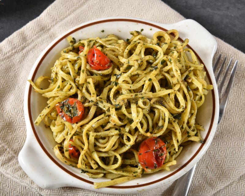 Linguine with basil pesto stock photo. Image of italian - 166137054