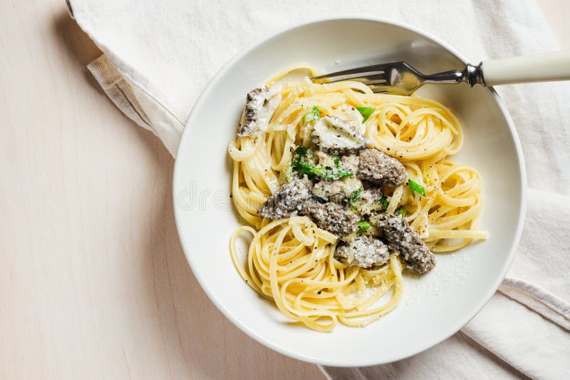 Linguine pasta with morels stock image. Image of cooked 276793145