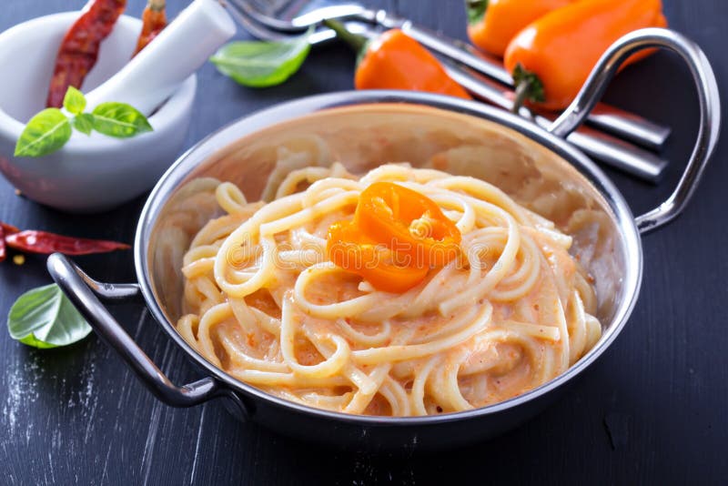 Linguine Pasta with Roasted Red Pepper Sauce Stock Image Image of