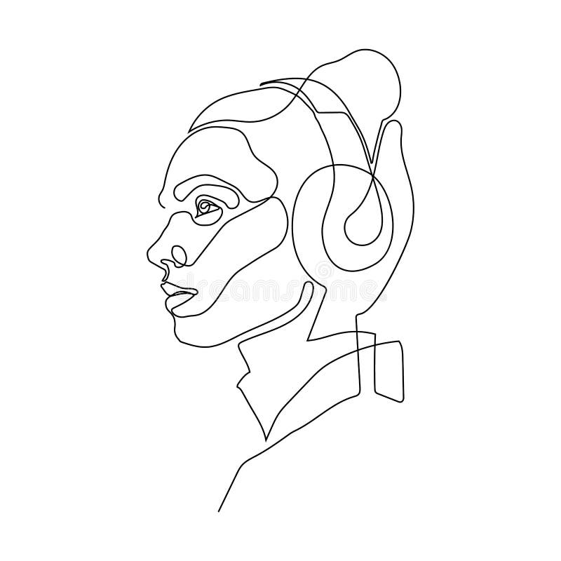 única linha desenhando uma garota feliz usando fone de ouvido
