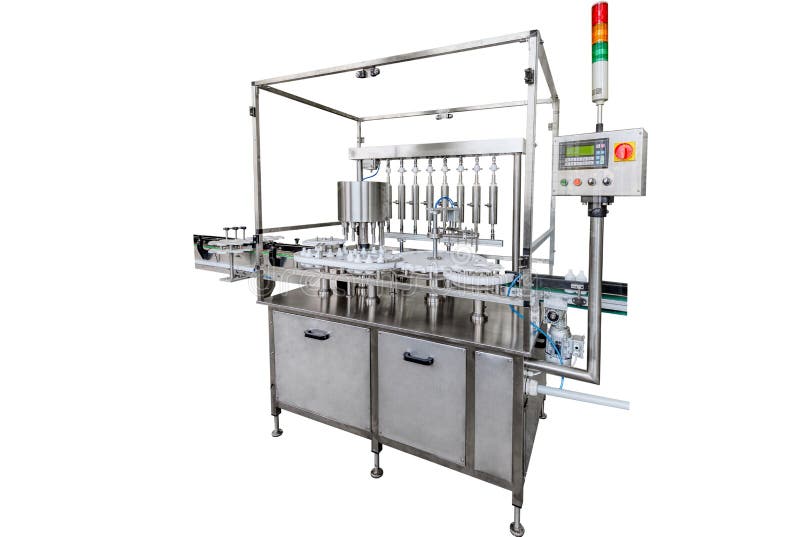 Automatic line for filling and labeling drugs. General view of the machine for filling plastic bottles. Isolated on. Automatic line for filling and labeling drugs. General view of the machine for filling plastic bottles. Isolated on