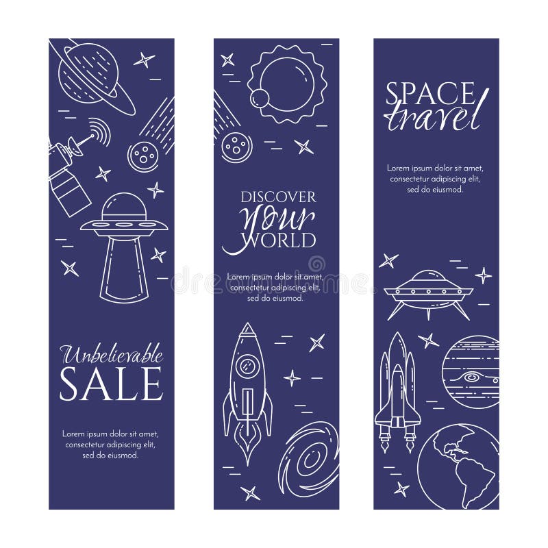 Linha bandeira da viagem espacial Grupo de elementos dos planetas, dos navios de espaço, do UFO, do satélite, do telescópio peque ilustração stock Linha bandeira da viagem espacial Grupo de elementos dos planetas, dos navios de espaço, do UFO, do satélite, do telescópio peque ilustração stock