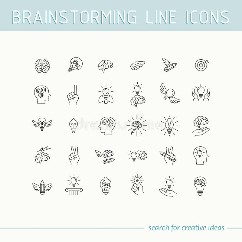 Linha coleção dos ícones do processo do cérebro humano