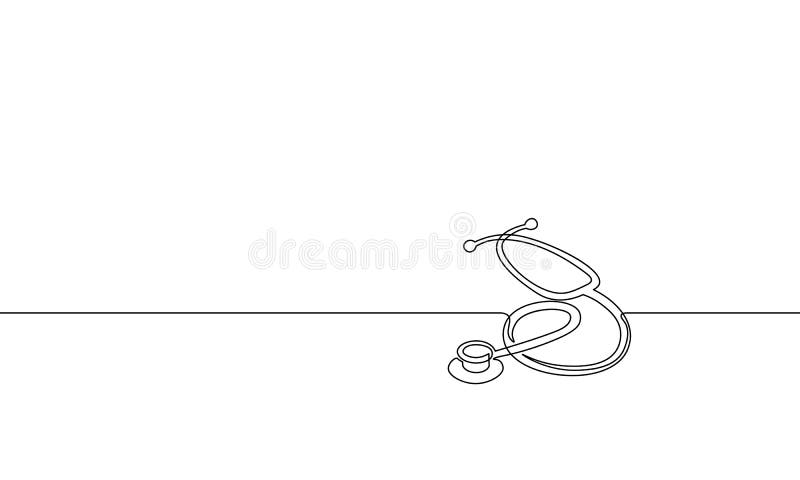 Medicine stethoscope single continuous line art. Health care World Day medical science research doctor nurse equipment silhouette concept design one sketch online art white vector illustration. Medicine stethoscope single continuous line art. Health care World Day medical science research doctor nurse equipment silhouette concept design one sketch online art white vector illustration
