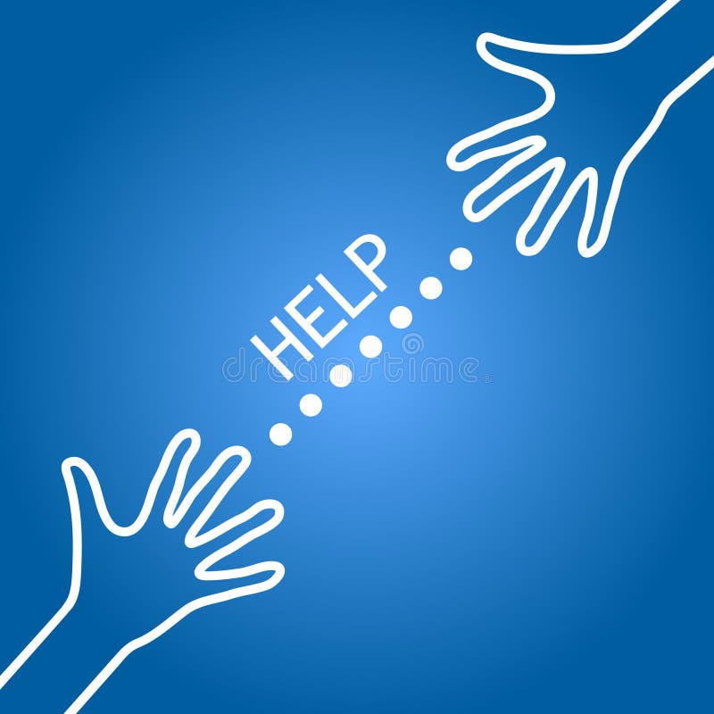 Illustration, two hands meeting each other, with help text in between, as help line and social support commercial concept. Illustration, two hands meeting each other, with help text in between, as help line and social support commercial concept