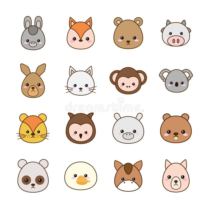 Pequenos animais sentados personagens do zoológico kawaii animal fofo com  sorriso feliz conjunto vetorial de personagens ilustração de desenho  animado animal gráfico isolado kawaii