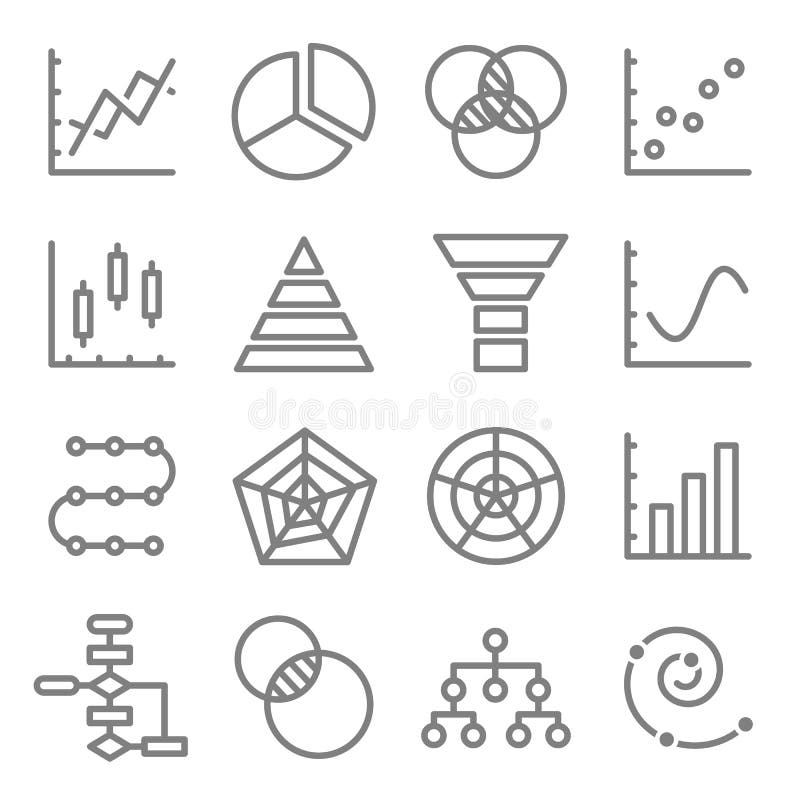 Linha de cor grupo do vetor das cartas e dos diagramas do ícone Contém ícones como Venn Diagram, Dot Plot, gráfico espiral e mais ilustração royalty free Linha de cor grupo do vetor das cartas e dos diagramas do ícone Contém ícones como Venn Diagram, Dot Plot, gráfico espiral e mais ilustração royalty free
