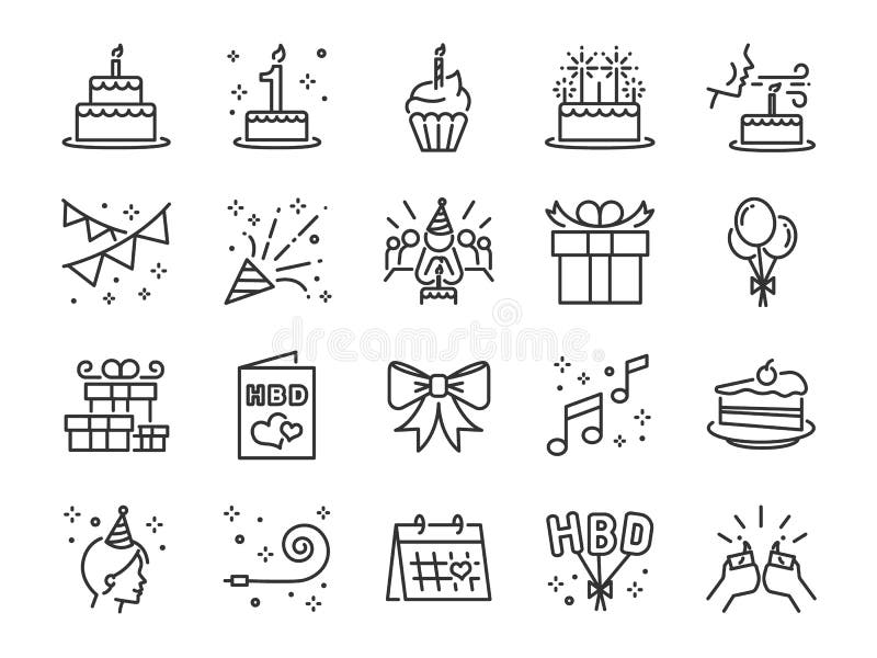 Linha de festa de anos feliz grupo do ícone Incluiu os ícones como a celebração, aniversário, partido, felicitações, bolo, presen