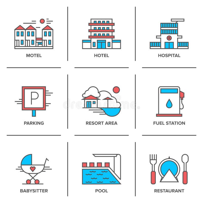 Linha de serviços ícones do hotel ajustados ilustração do vetor Linha de serviços ícones do hotel ajustados ilustração do vetor