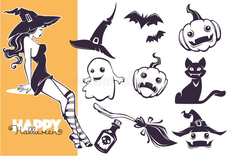 Conjunto De Halloween, Desenho De Linha De Halloween Ilustração Stock -  Ilustração de noite, partido: 159669825