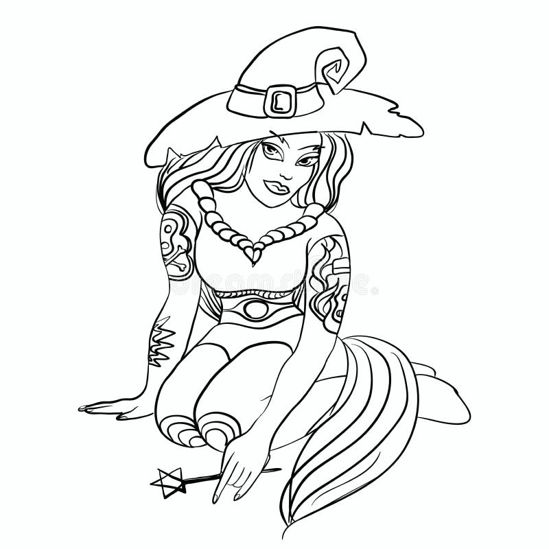 Linha fina bruxa da silhueta com tatuagens Menina de Dia das Bruxas no chapéu com os olhos enigmáticos que sentam-se no assoalho, ilustração royalty free Linha fina bruxa da silhueta com tatuagens Menina de Dia das Bruxas no chapéu com os olhos enigmáticos que sentam-se no assoalho, ilustração royalty free